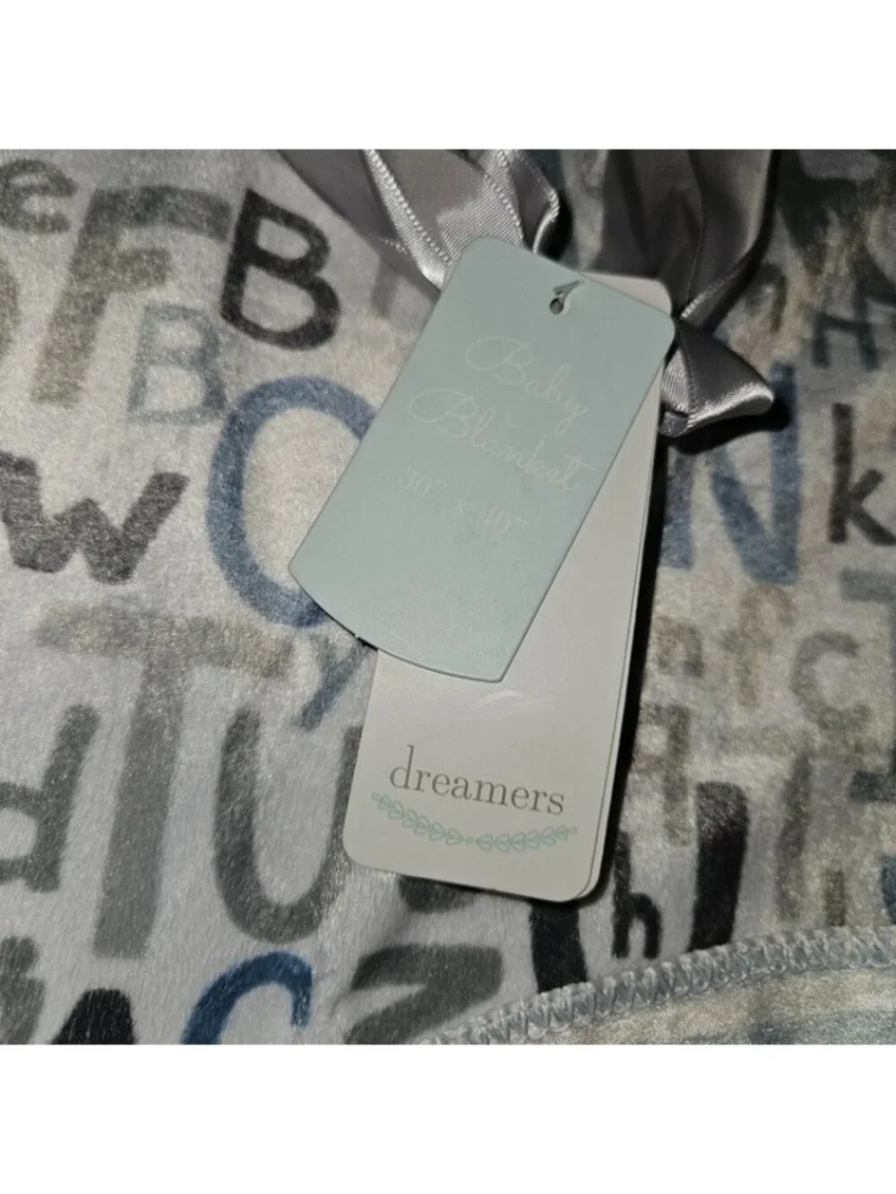 NEW 119741 Reversible Fleece Baby Blanket Gray Blue Letters Alphabet Stripes